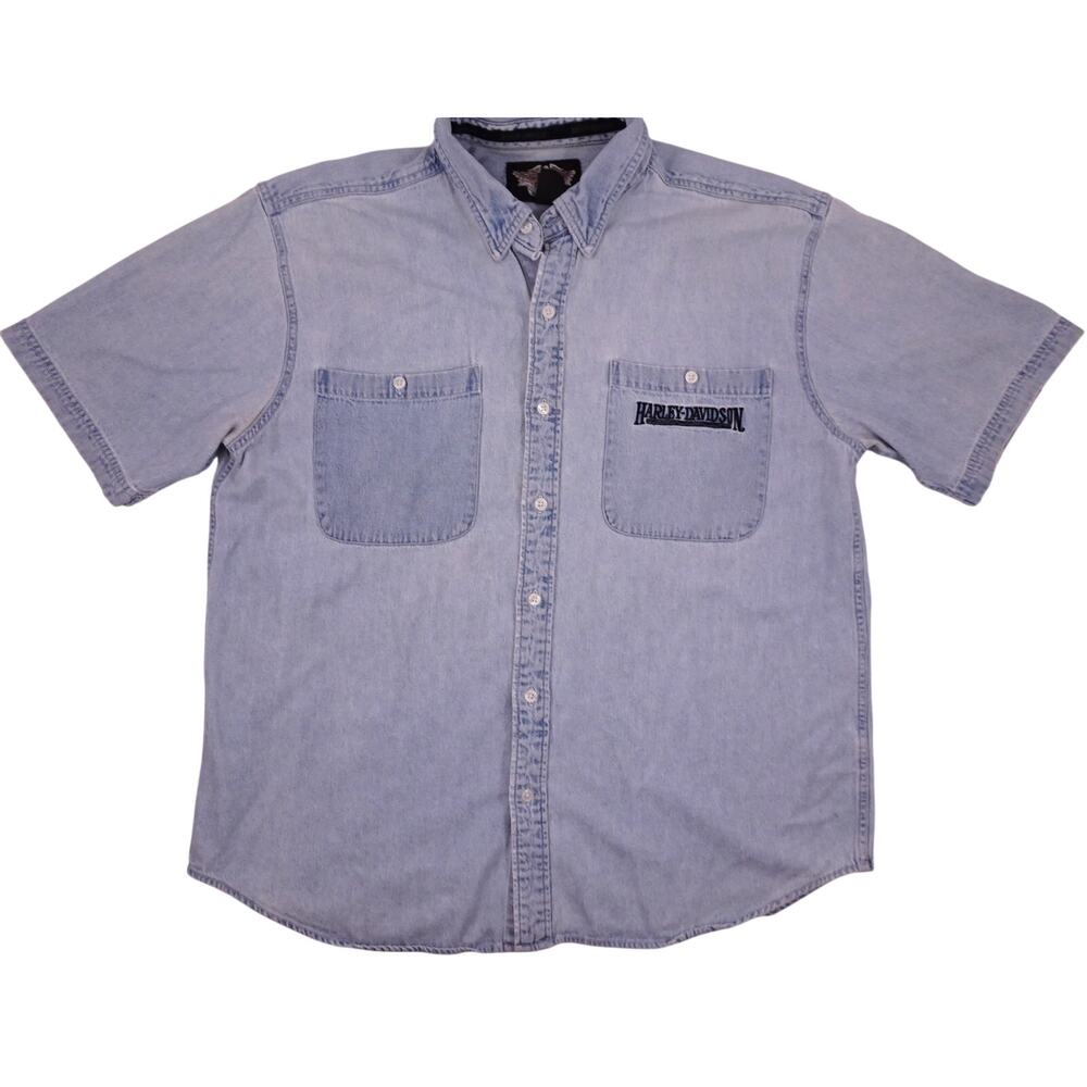 2006 Harley Davidson Denim Button Shirt XL Mens Short Sleeve Embroidered Y2K H-D